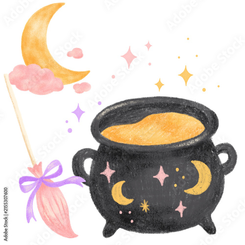 Fotografie Black witch cauldron filled with a glowing orange potion beside a magic wand, crescent moon and stars, hand drawn pastel Halloween illustration