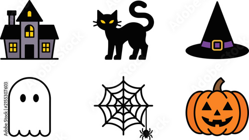 Halloween-themed flat icons set with ghost and pumpkin