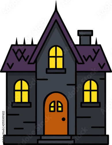 Cartoon haunted house with orange door and chimney
