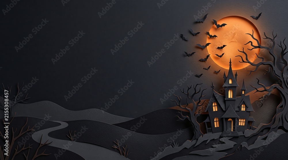 Fototapeta premium Spooky Layered Papercut Halloween Background with Haunted Castle and Large Copy Space