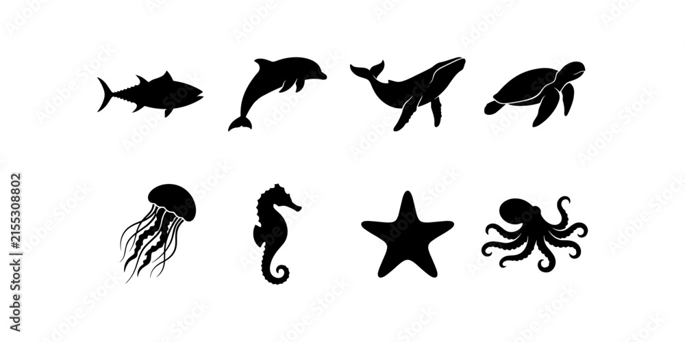 Fototapeta premium Marine life and sea animals icon set featuring tuna dolphin whale sea turtle jellyfish seahorse starfish and octopus