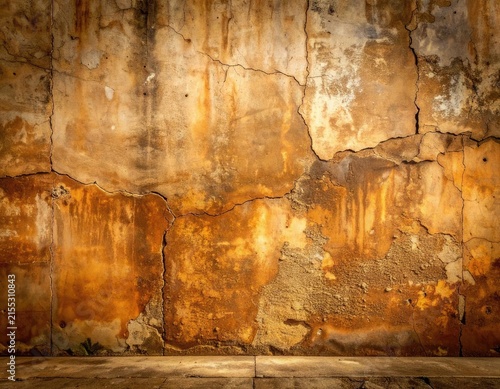 A close-up textured shot of a weathered, cracked, and stained concrete wall in warm ochre tones.