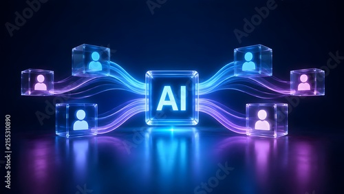 AI-powered network connecting diverse users globally, visualizing intelligent technology facilitating seamless communication and data flow in a futuristic digital ecosystem.