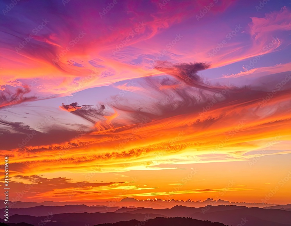 Fototapeta premium Dramatic sunset sky with vibrant colors and silhouetted mountains.