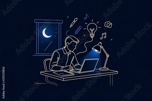 Creative man working on laptop late at night with idea icons line art