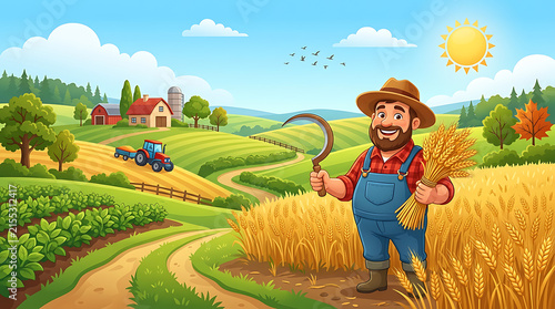 Cartoon style rural farming landscape with a smiling farmer holding wheat and a scythe