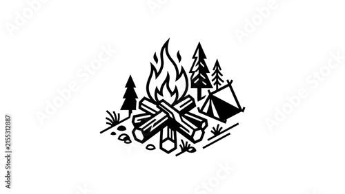Camping Bonfire With Tent And Trees Line Art Illustration
