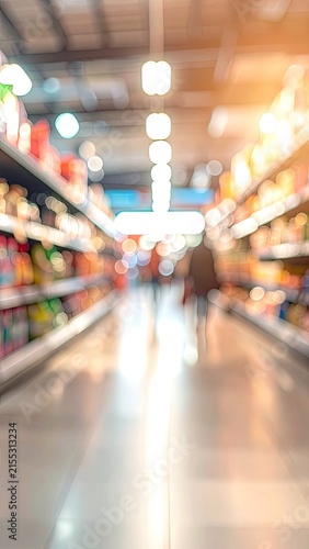 Blurred aisle of a brightly lit supermarket with shelves stocked with products and a person in the distance.