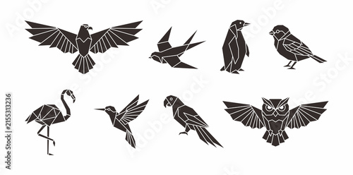 Origami and Geometric Silhouette Birds Vector Set Including Eagle, Owl, Flamingo, Penguin, Swallow, Parrot, Hummingbird, and Sparrow Isolated on White Background