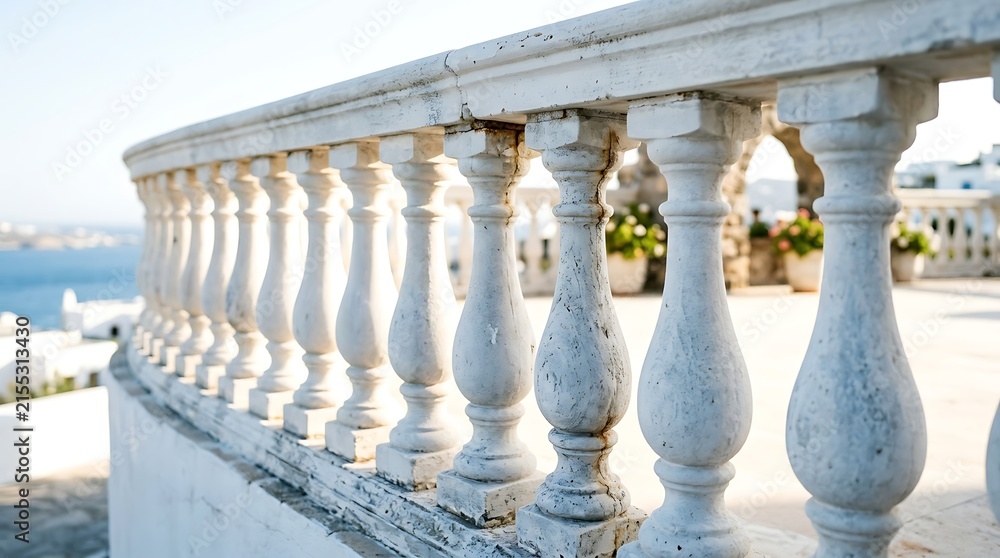 Fototapeta premium White stone balustrade on a sunny Mediterranean terrace overlooking the blue sea
