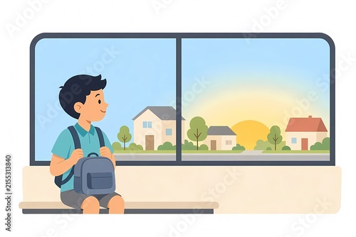 Young schoolboy sitting on bus with backpack looking out window