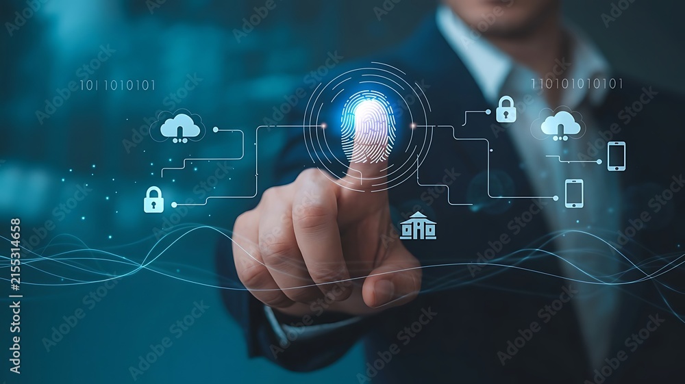 Obraz premium Businessman touching virtual screen with fingerprint scanner for cybersecurity and data protection