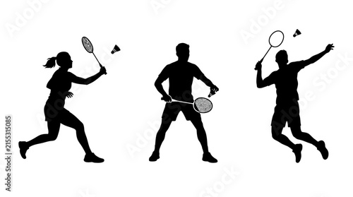 Athletes playing badminton in various dynamic action poses.