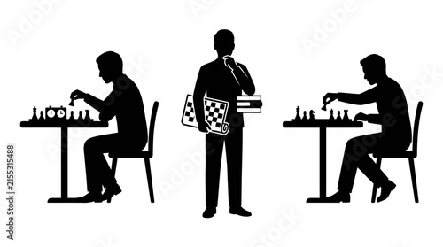 Silhouettes of chess players engaged in strategic matches.