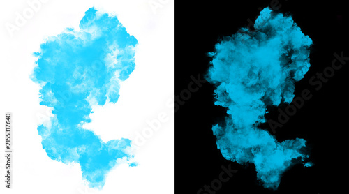 Cyan blue smoke explosion on white and black background, vibrant ink in water splash, ethereal powder cloud texture