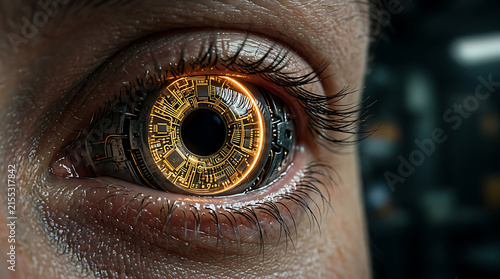 Human eye with integrated circuitry and glowing orange illumination close up photograph