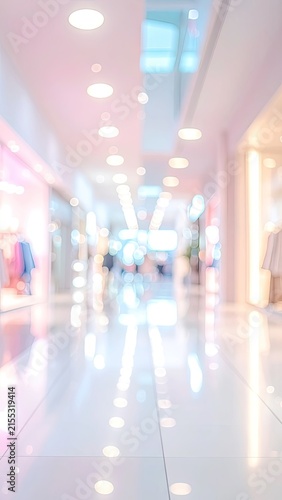 A blurred image of a brightly lit shopping mall corridor with reflections on the floor.