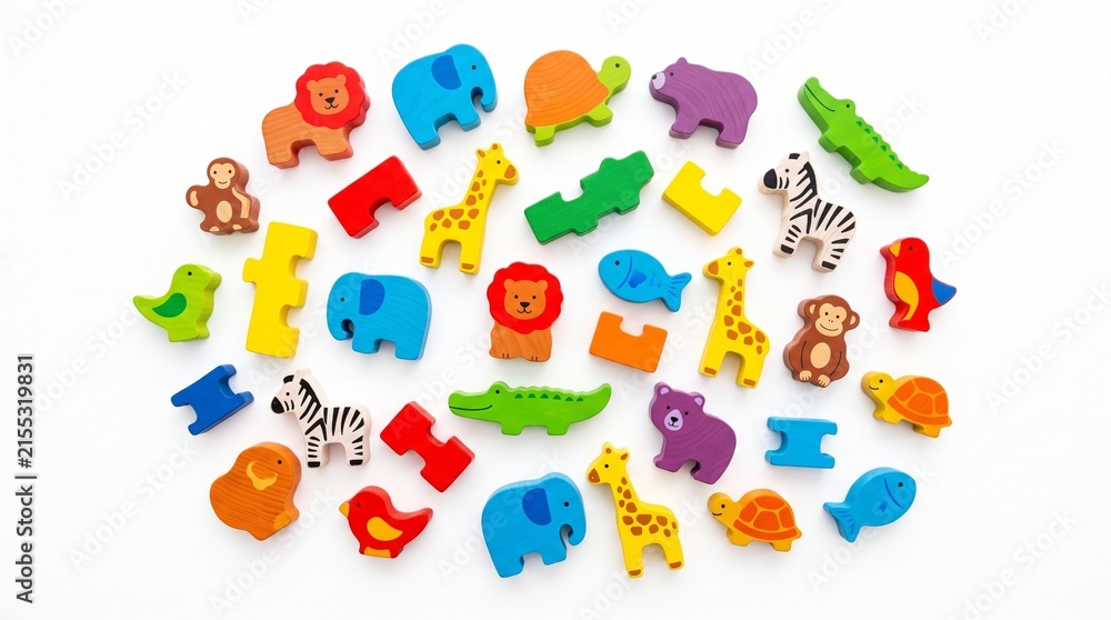 Fototapeta premium Colorful wooden animal toys collection, vibrant safari animal blocks for kids, educational wooden puzzle pieces for early learning isolated PNG with Transparent Background