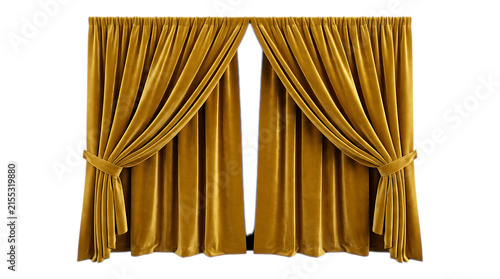 Fotografie Golden Velvet Curtains: Luxurious golden velvet curtains, draped elegantly and tied back with matching sashes, frame an opening, adding a touch of opulence and sophistication to any space
