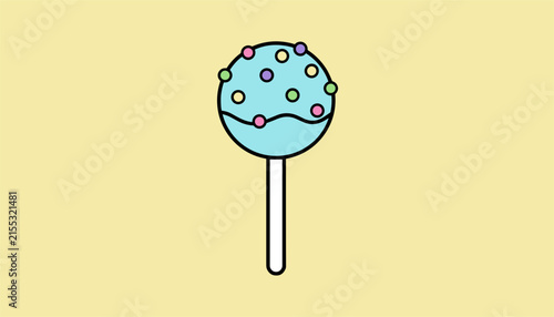 Round turquoise cake pop or lollipop covered with colorful sprinkles on a stick over a plain soft yellow background.