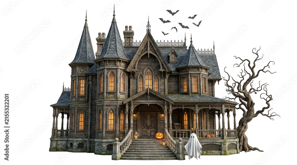 Fototapeta premium Old haunted house with glowing windows for halloween isolated on transparent background