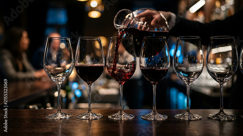 Four wine glasses in a row being filled with red wine at a bar