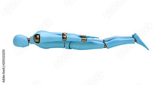 Fotografie Light blue articulated mannequin figure with gold joints, isolated on transparen