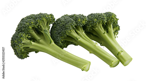 Three fresh green broccoli florets with thick stems, isolated on transparent background