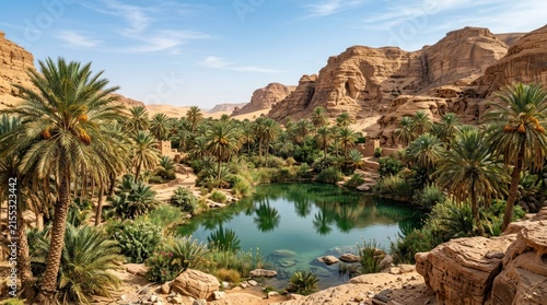 Desert oasis with palm trees and calm water