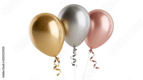Three metallic balloons gold silver and rose gold, with curling ribbons isolated on transparent background
