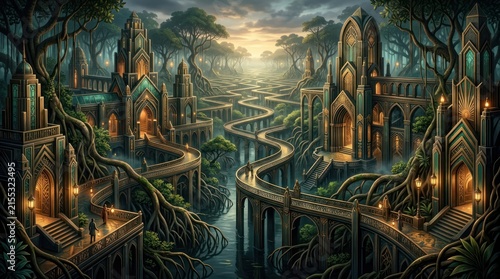 Enchanted forest castle with winding pathways and glowing lights