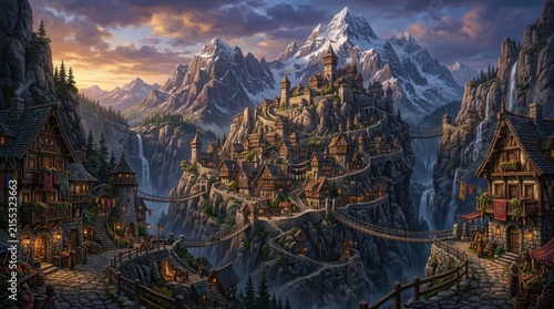Fantasy mountain village castle and landscape