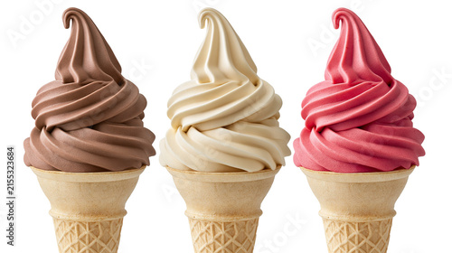 Three soft serve ice cream cones in chocolate vanilla and strawberry flavors, isolated on transparent background