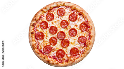 Whole pepperoni pizza with melted cheese and tomato sauce, isolated on transparent background