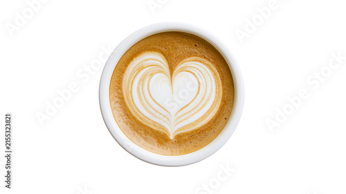 White ceramic cup with latte art heart design, isolated on transparent background