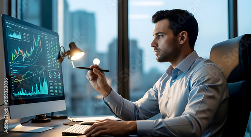 Focused Trader Reviewing Stock Performance and Market Analytics