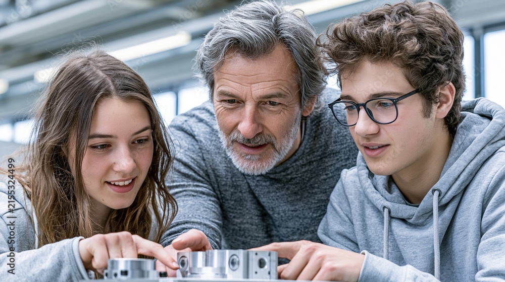 Fototapeta premium Experienced Engineer Mentoring Young Students Examining Precision Mechanical Component in Workshop