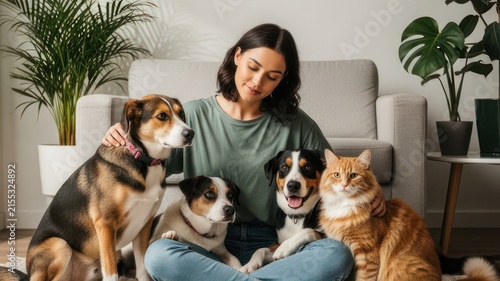 Young Woman Relaxing with Dogs and Cat