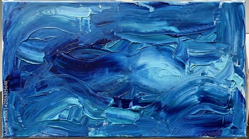 Abstract blue painting with textured brushstrokes symbolizing motion, emotion, and fluid artistic depth.