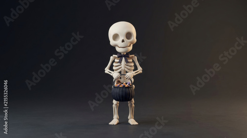 Cute skeleton holding basket full of candy stands against dark halloween background creating spooky festive atmosphere
