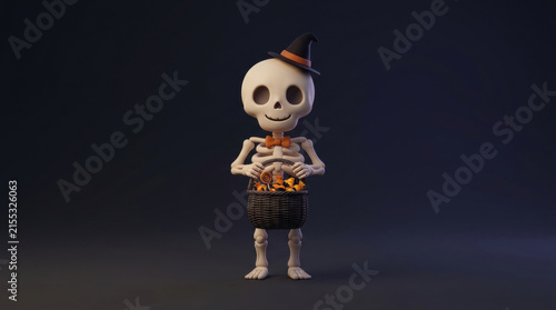 Halloween skeleton candy basket witch hat dark background spooky celebration holiday smiling trick or treat orange bow tie black isolated festive