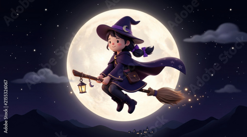 Cute witch flying on broomstick in front of full moon with dark halloween background and sparkling stars creating magical night scene