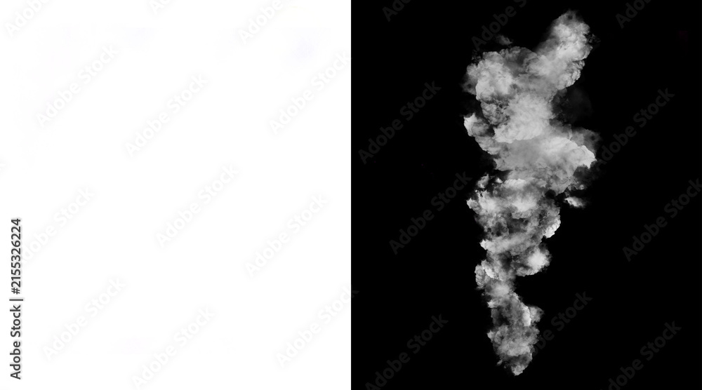 Naklejka premium Realistic white smoke plume on black background. Atmospheric steam trail and vapor cloud. Ethereal smoke texture for overlay effects.