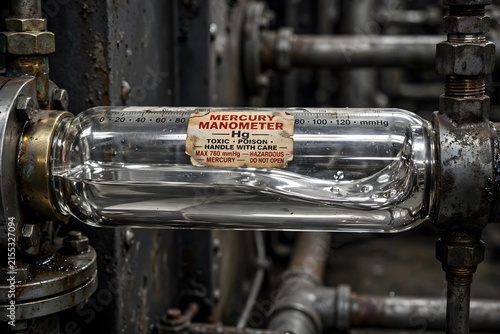 Industrial mercury manometer pressure gauge measuring toxic liquid in vintage factory machinery