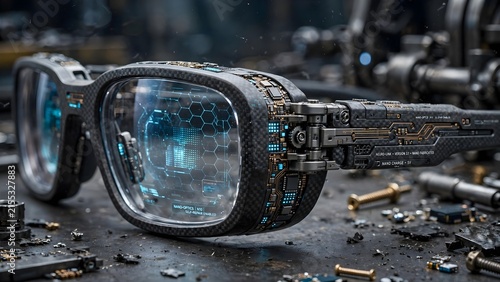 Futuristic cyberpunk smart glasses with holographic HUD interface and carbon fiber tech design on workshop workbench