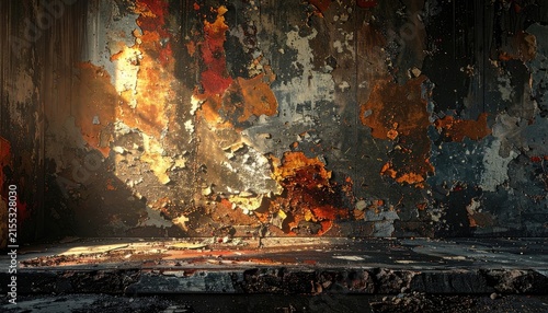 A close-up view of a textured wall with peeling paint and rough surfaces.