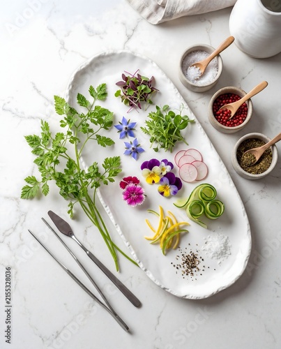 Edible flowers herbs radish and cucumber on white serving platter