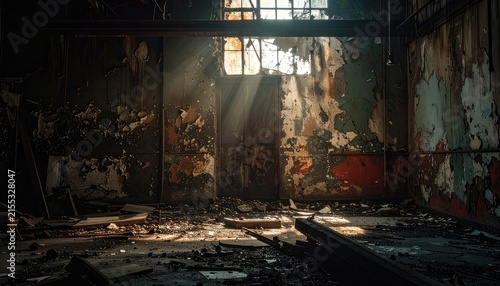 Sunbeams illuminate a dilapidated room with peeling paint and debris.