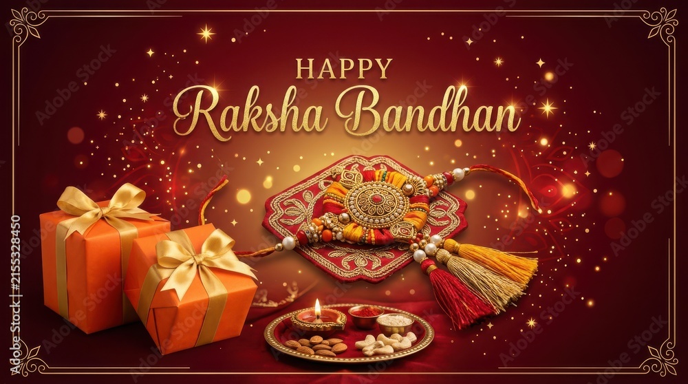 Naklejka premium Happy raksha bandhan celebration card with orange gift boxes festive thread bracelet and diya lamp on maroon silk surface.