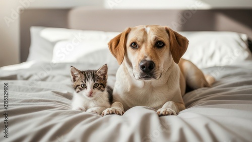 Adorable Dog and Kitten Lying on Bed